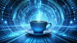 © DigitalArt Max - Isolated blue coffee cup surrounded by swirling vortex of digital data streams, binary code, and futuristic tech patterns in background.