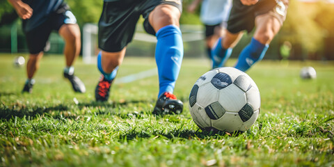 Jogadores de futebol chutando uma bola em um campo de grama