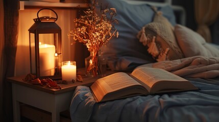 Poster - Cozy bedroom ambiance with an open book, a lit candle lantern, and a vase of dried flowers on a bedside table, inviting relaxation and reading 