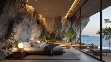 Canvas Print - Mountain rock stone wall in luxurious apartment master bedroom interior, beach. 