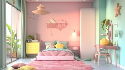 Wall Mural - Cute interior pastel kid bedroom with comfortable bed, toy, desk. Children bedroom, Girl room 