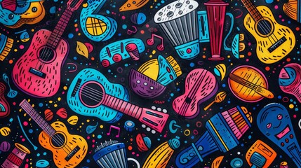 musical instruments pattern, vibrant hand-drawn music instruments like ukulele, harmonica, and banjo arranged in a pattern on a background, perfect for music jam session flyers