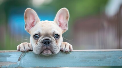 Wall Mural - Curious French bulldog puppy peering over a barrier