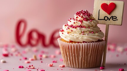 Sticker - A cupcake with cream and red topping decoration with a wooden sign with the word love on a pink background