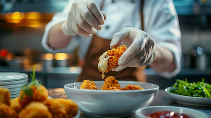 Crispy Fried Chicken Being Prepared by Chef in Kitchen - A chef in a professional kitchen preparing crispy fried chicken.