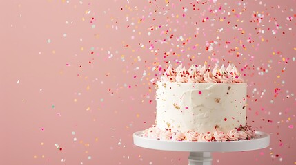 Wall Mural - A festive cake with sweet confetti on a white stand near a pink wall