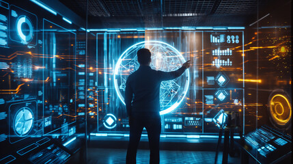 Wall Mural - a man in a futuristic technology room working with data analysis through augmented reality hologram 