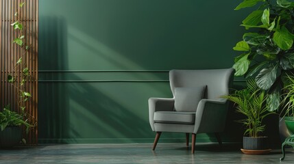 Sticker - A gray armchair next to a green wall with a potted plant and a folding screen