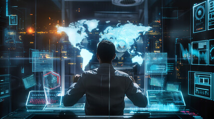 Wall Mural - a man in a futuristic technology room working with data analysis through augmented reality hologram 