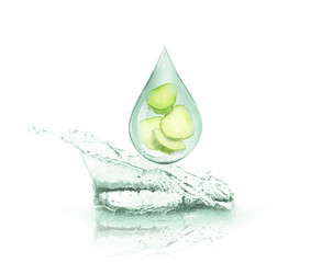 Wall Mural - Cucumber slices in drop of water on white background