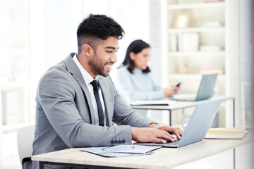 Poster - Office, businessman and smile with laptop for typing, research and online information for project. Workplace, male employee and computer for corporate review, email writing or productivity for career