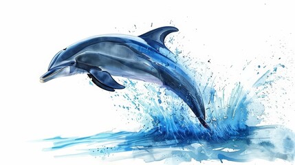 A dolphin jumping out of the water, nature scene, dynamic illustration, blue tones, isolated on white background