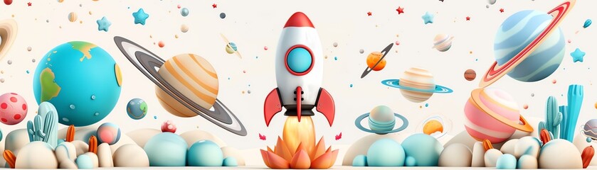 colorful 3d illustration of a rocket launching amidst vibrant planets and stars, perfect for kids' s
