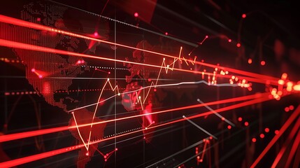 Red laser beams illuminate a stock market graph on a black background with a global map. A holographic ECG line spans the globe, merging finance and health.