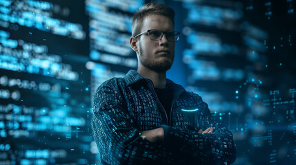 portrait of a programmer or software engineer standing in front of virtual computer codes display