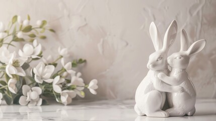 Poster - Easter bunnies in white porcelain with text space frame