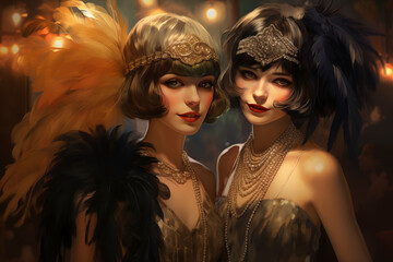 Wall Mural - digital painting of vintage flapper girls