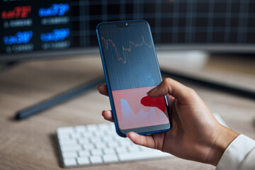 Fototapete - Hands, cellphone and graphs on screen for stock market crash, business and trader working in office. Charts, technology and woman at desk for internet, budget and crisis for company or future finance
