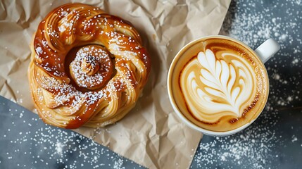 Wall Mural - A top view of a coffee cup with latte art and a pastry on the side