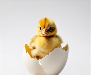 Little yellow chicken in a shell on white background.