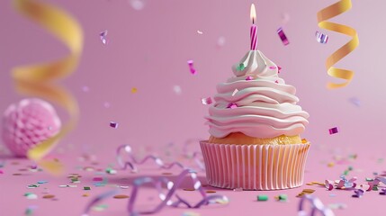 Sticker - Birthday cupcake with burning candle and streamers on pink background