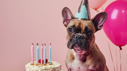 Wall Mural - Adorable dog in party hat with birthday cake on pink background