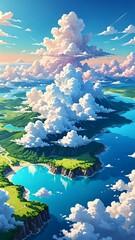 Wall Mural - A breathtaking view of the sky, with vibrant colors and fluffy clouds floating peacefully, cartoon style 