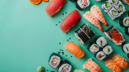 Sticker - Top View of Sushi Gunkan and Other Japanese Delicacies on Mint Background