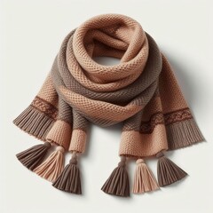 Knitted woven wool fleece scarf shawl with tassel front and flat view on transparent background