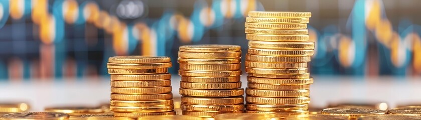 A close-up of gold coins with a fluctuating price chart in the background