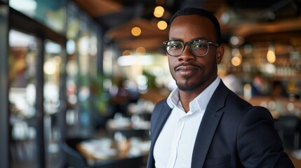 Wall Mural - Portrait of an black businessman in suit and glasses, blurred restaurant background