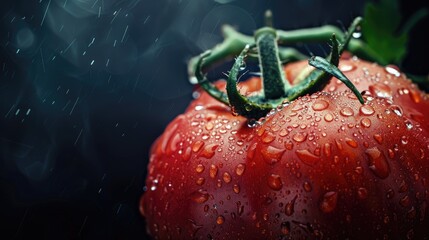 Sticker - Close up shot of a red tomato with large water droplets on a dark background