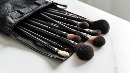 Sticker - Makeup brushes in bag on white surface