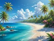 © Art-76 - An exotic island paradise with clear blue water, sandy white beaches, swaying palm trees, vibrant tropical flowers, and a clear blue sky, fantasy style