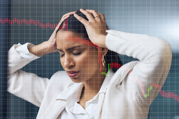 Poster - Finance, stress and hologram of charts with woman, business and investment or debt. Stock market crash, trader and graphs or frustrated for future technology and crisis or mistake in workplace