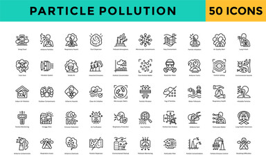 Sticker - Particle pollution icon set with smog cloud, airborne particles, respiratory hazard, dust dispersion, polluted atmosphere, microscopic contaminants, hazy environment icon. Simple line vector 
