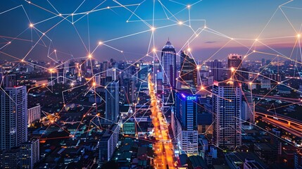 Smart network and Connection technology concept with Bangkok city. 