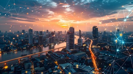 Smart network and Connection technology concept with Bangkok city. 