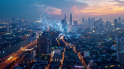 Smart network and Connection technology concept with Bangkok city. 