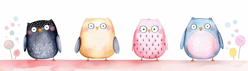 Sticker - Four Cute Owls Watercolor Illustration.