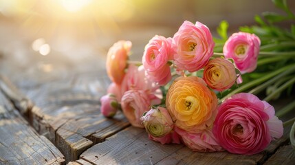 Wall Mural - Persian buttercup bouquet on wooden table with soft light and copy space