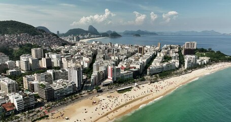 Wall Mural - Flying above Ipanema Beach and Rio de Janeiro buildings towards Copacabana and Sugarloaf Mountain, Brazil