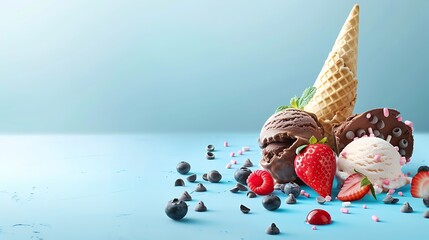 Wall Mural - Chocolate strawberry and vanilla ice cream with cone on blue background