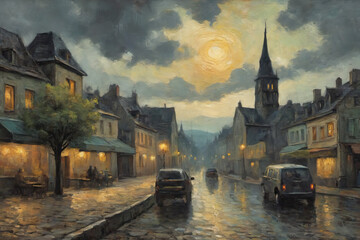 Oil painting depicting a tranquil nighttime town scene in Van Gogh's art style, Generative AI