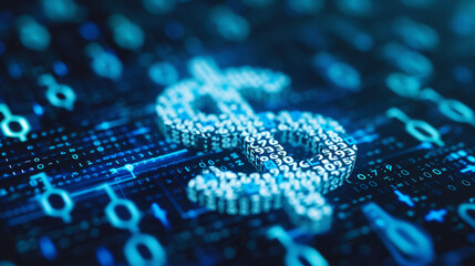 3D dollar sign on blue digital background with binary code, representing online financial elements and cyber money exchange concept