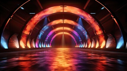 Canvas Print - 3d render of abstract futuristic arch architecture with neon light and empty concrete floor 