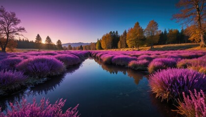 Wall Mural - Purple Flower Field and River at Sunrise.