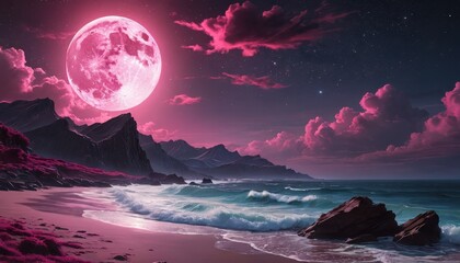 Canvas Print - Pink Moon Over the Ocean.