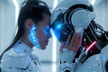 Wall Mural - Human-Robot Connection, Futuristic woman and AI touching, Sci-fi intimacy.