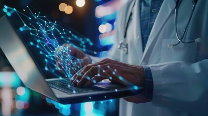 physicianr using laptop, medical science, medical technology (close up, focus on, copy space) vibran